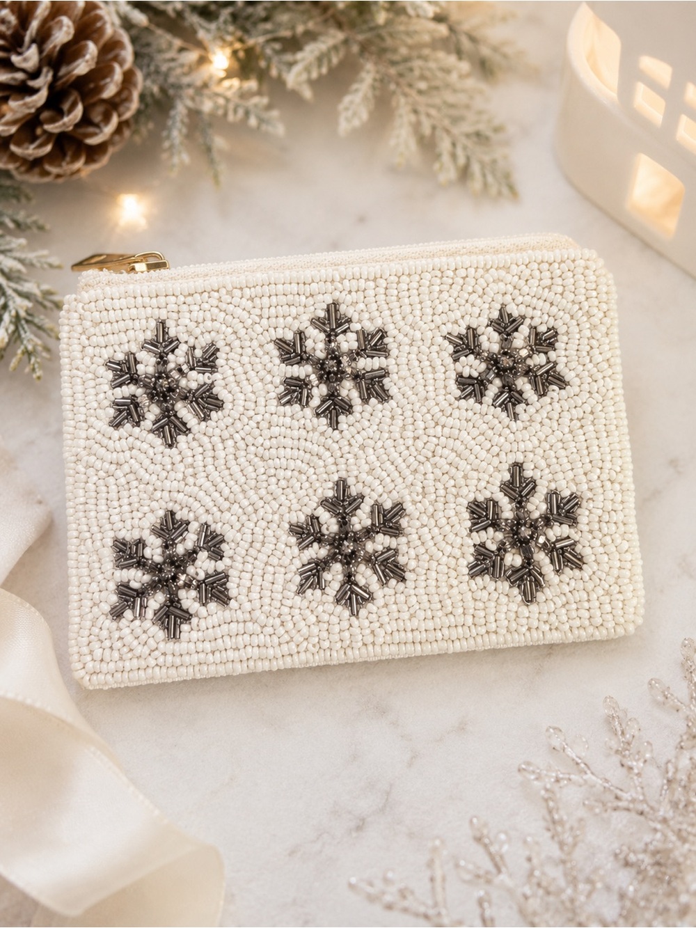 Beaded Snowflake Zip Pouch